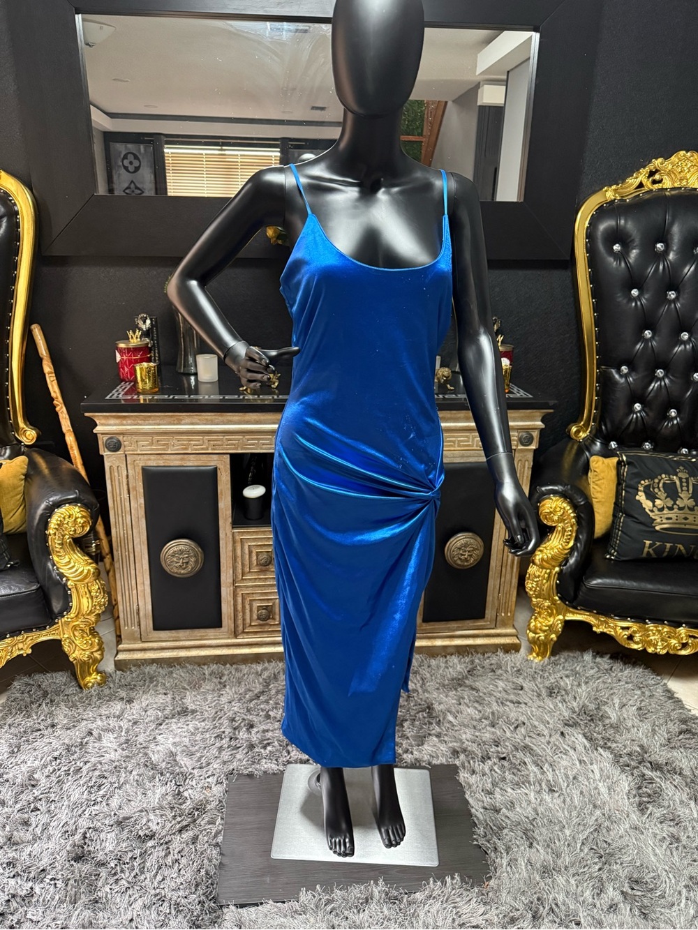 JLUXLABEL Royal Blue Satin Midi Slip Dress with Side Knot